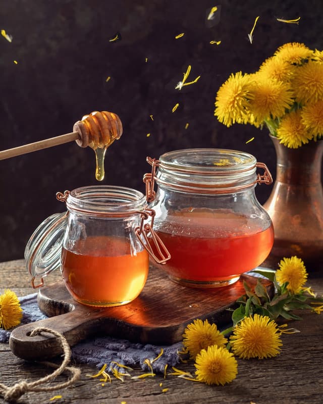 Image of dandelion honey being scooped out of a glass jar.